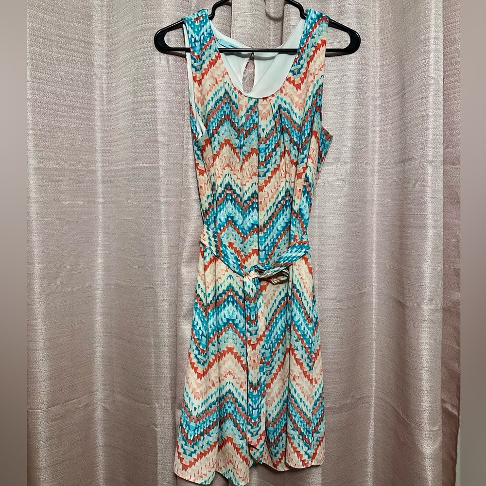 Maurice Sleeveless Chevron Print Summer Dress in Turquoise & Coral Optional Belt